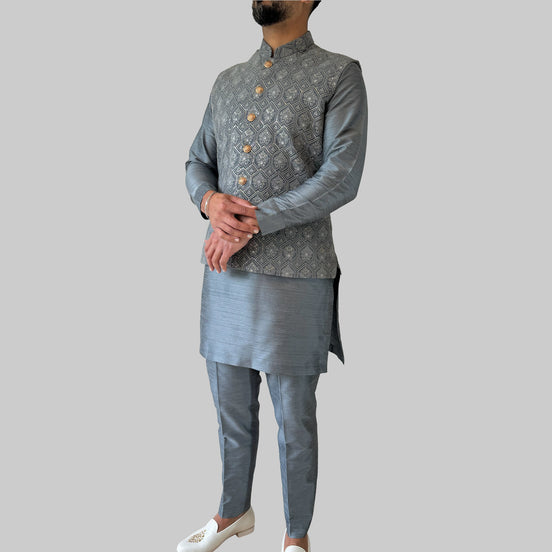 Blue Embroidered Kurta & Waistcoat Set