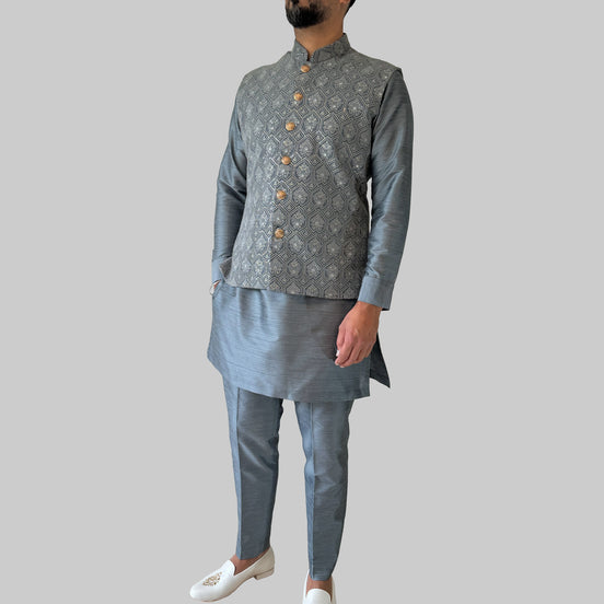 Blue Embroidered Kurta & Waistcoat Set