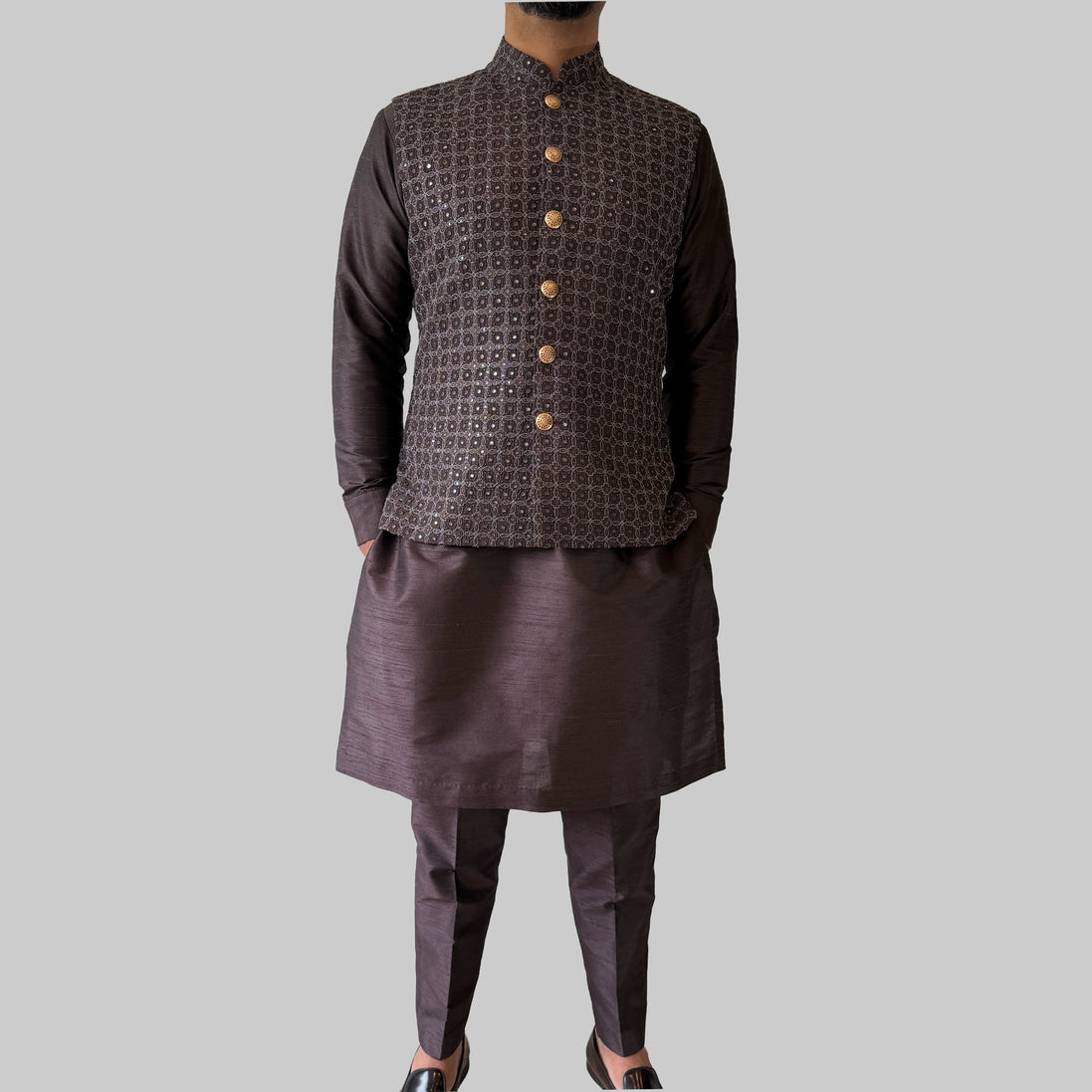 Brown Embellished Kurta & Waistcoat Set