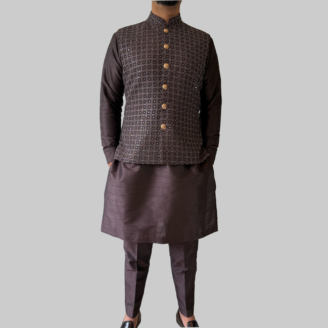 Brown Embellished Kurta & Waistcoat Set