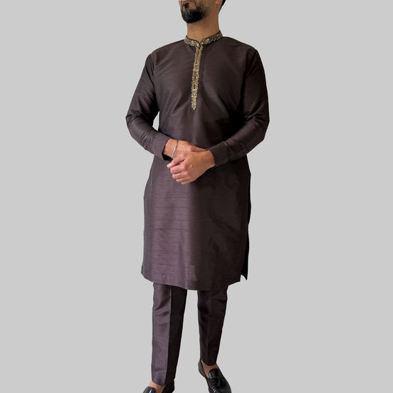 Brown Embellished Kurta & Waistcoat Set