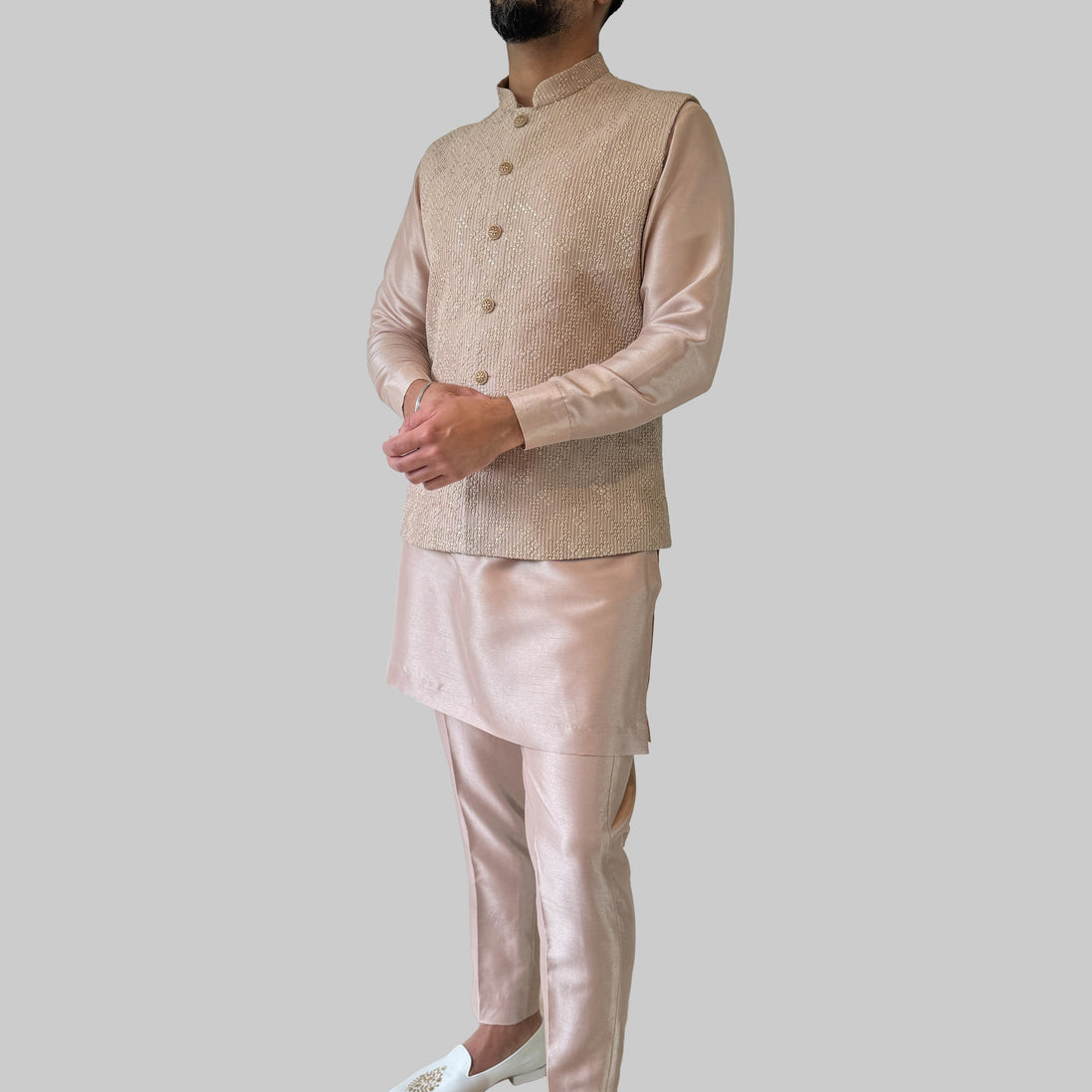 Rose Pink Embroidered Kurta & Waistcoat Set