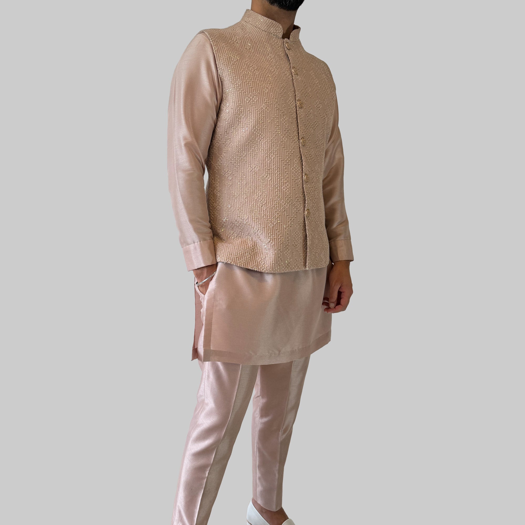 Rose Pink Embroidered Kurta & Waistcoat Set