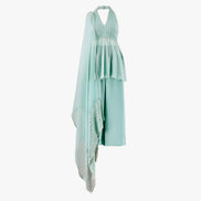 A mint blue georgette short semi anarkali with sequin and thread work, paired with a suede georgette cropped palazzo and an organza dupatta, designed by Shenena Sethi