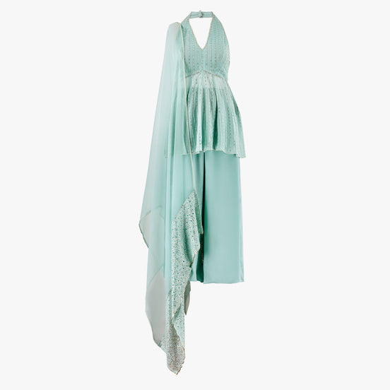 A mint blue georgette short semi anarkali with sequin and thread work, paired with a suede georgette cropped palazzo and an organza dupatta, designed by Shenena Sethi