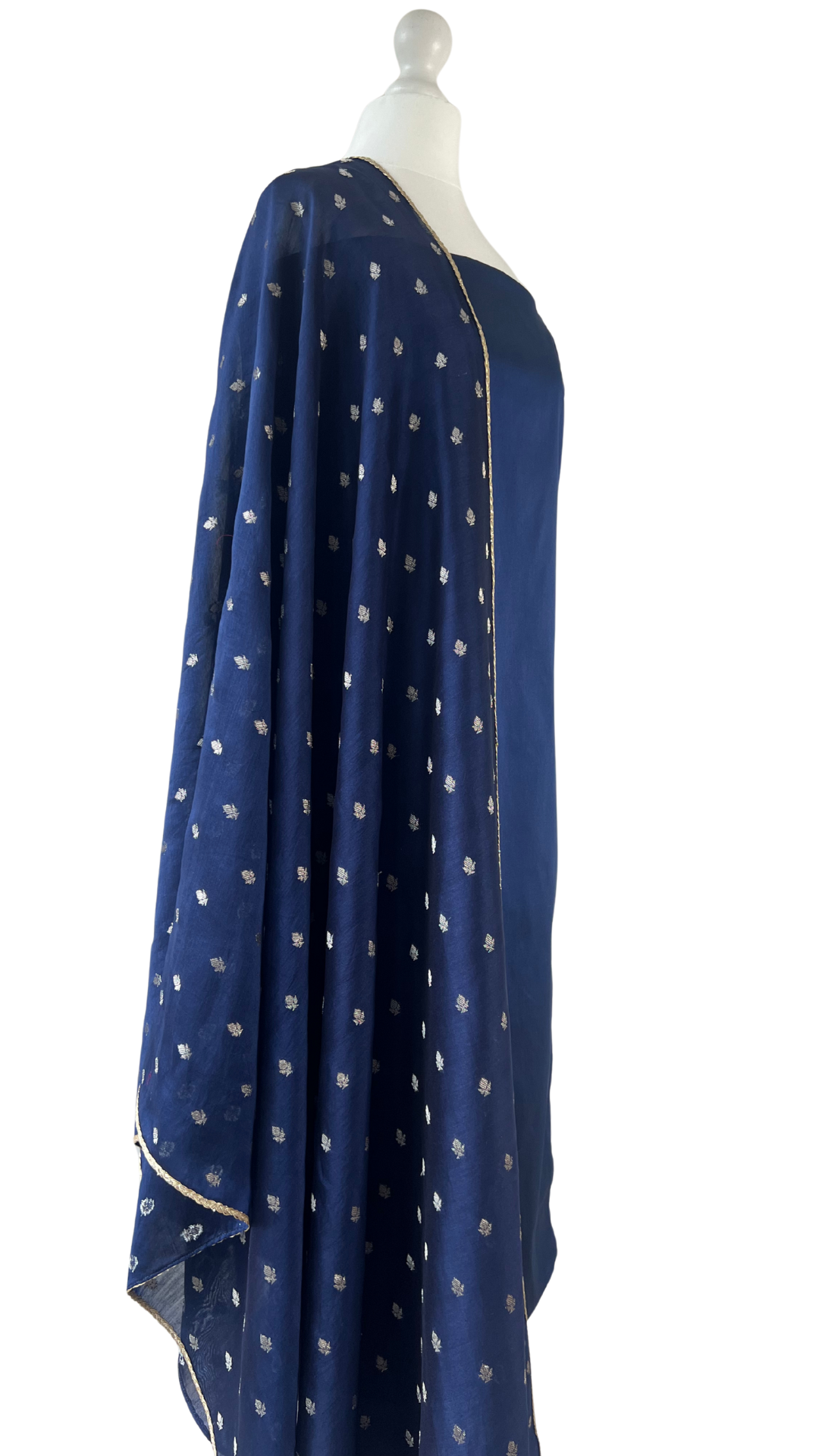 Unstitched fabric for kameez set. Loose silk kameez fabric, loose lycra pajami and readymade dupatta. Keep unstitched or made-to-measure by Shenena Sethi 