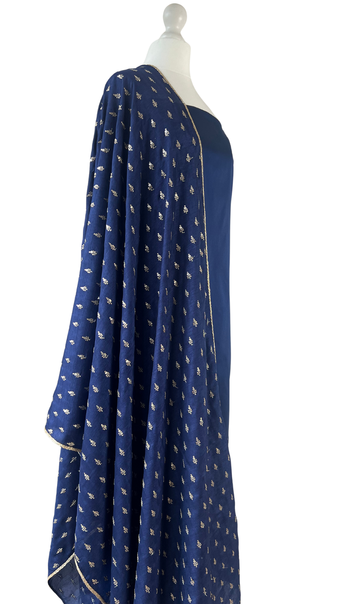 Unstitched fabric for kameez set. Loose silk kameez fabric, loose lycra pajami and readymade silk dupatta. Keep unstitched or made-to-measure by Shenena Sethi 