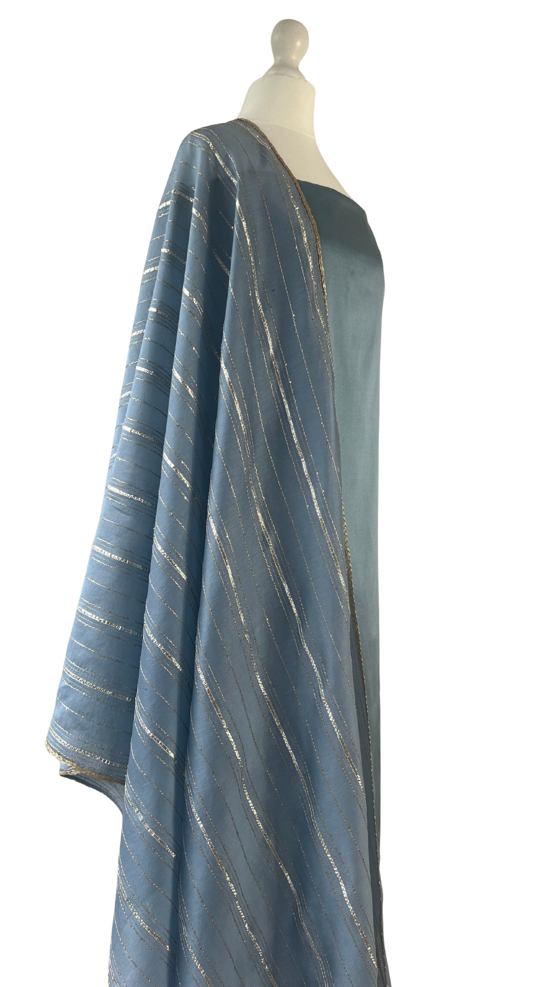 Unstitched fabric for kameez set. Loose silk kameez fabric, loose lycra pajami and readymade dupatta. Keep unstitched or made-to-measure by Shenena Sethi 