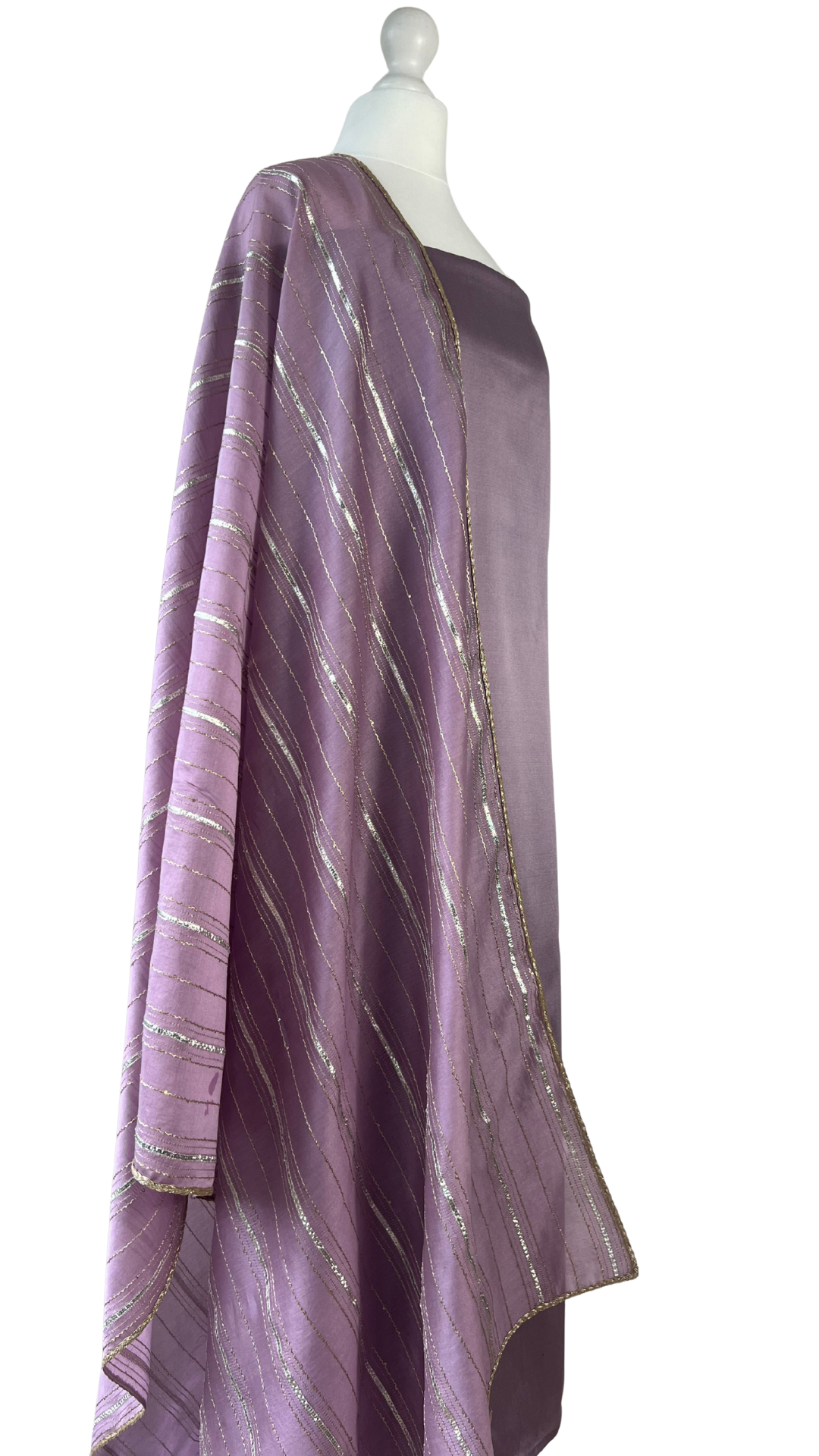 Unstitched fabric for kameez set. Loose silk kameez fabric, loose lycra pajami and readymade cotton silk dupatta. Keep unstitched or made-to-measure by Shenena Sethi 