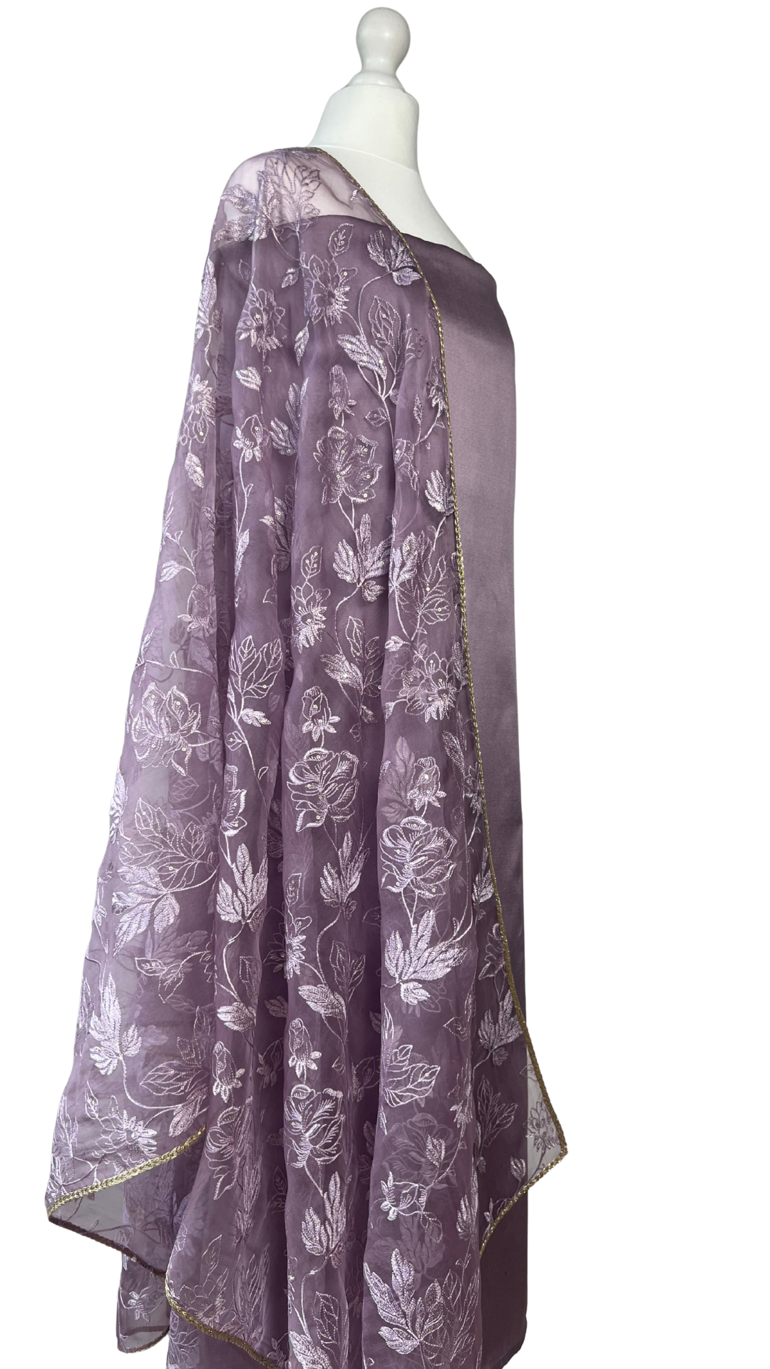 Unstitched fabric for kameez set. Loose silk kameez fabric, loose lycra pajami and readymade thread on organza dupatta. Keep unstitched or made-to-measure by Shenena Sethi 
