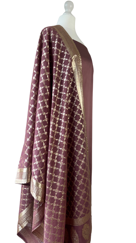 Unstitched fabric for kameez set. Loose silk kameez fabric, loose lycra pajami and readymade brocade dupatta. Keep unstitched or made-to-measure by Shenena Sethi 