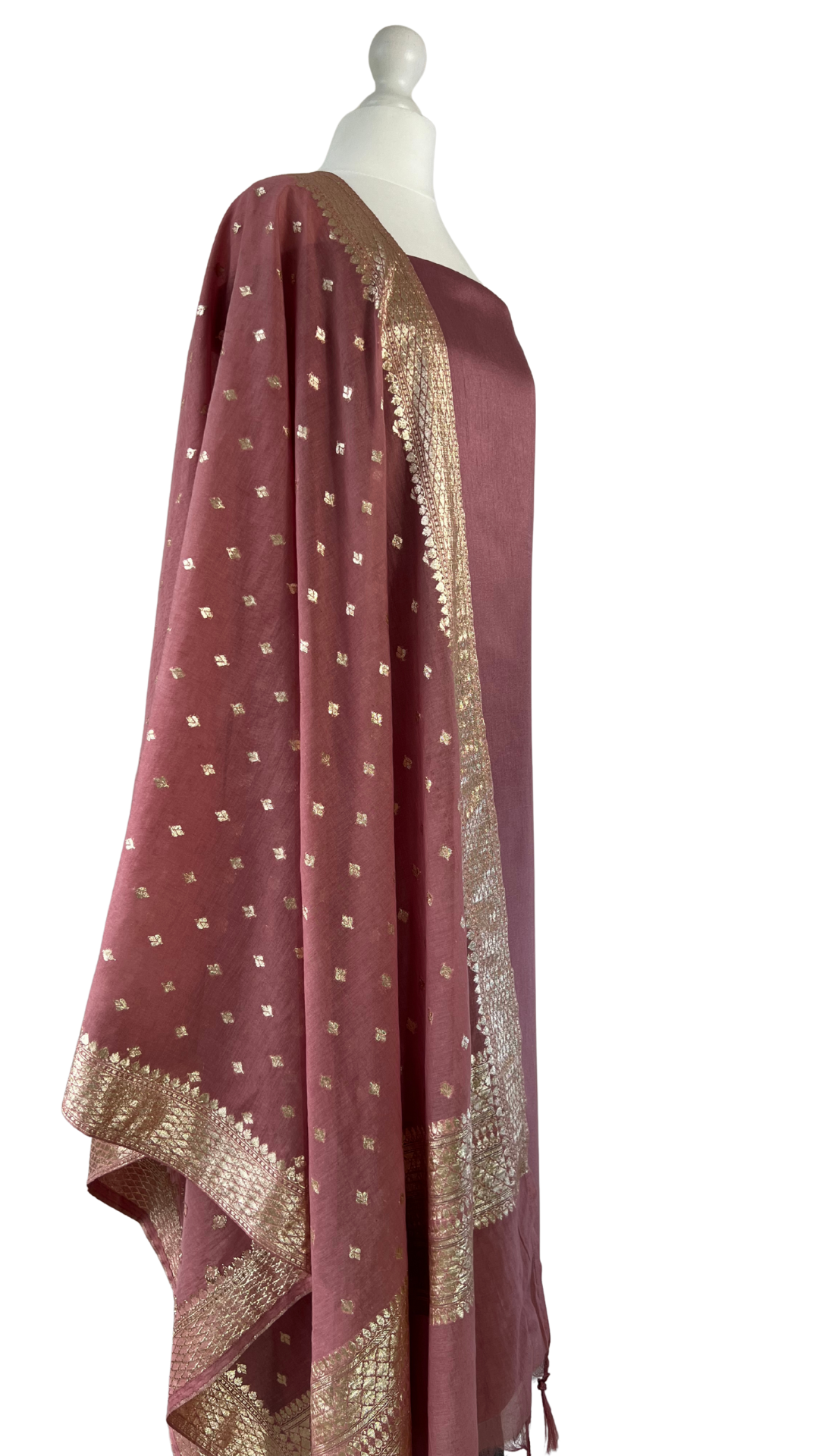 Unstitched fabric for kameez set. Loose silk kameez fabric, loose lycra pajami and readymade brocade dupatta. Keep unstitched or made-to-measure by Shenena Sethi 