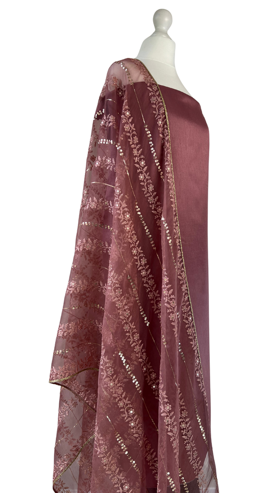 Unstitched fabric for kameez set. Loose silk kameez fabric, loose lycra pajami and readymade thread and sequin organza dupatta. Keep unstitched or made-to-measure by Shenena Sethi 