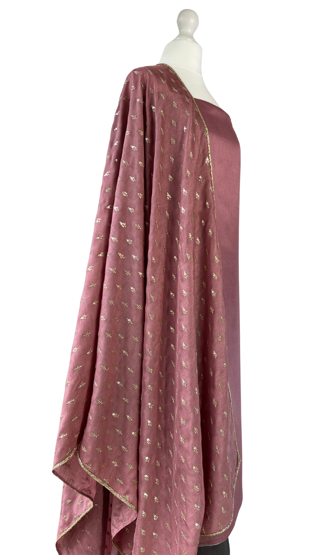 Unstitched fabric for kameez set. Loose silk kameez fabric, loose lycra pajami and readymade embroidered dupatta. Keep unstitched or made-to-measure by Shenena Sethi