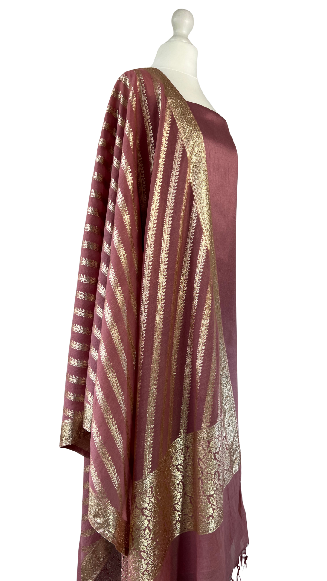 Unstitched fabric for kameez set. Loose silk kameez fabric, loose lycra pajami and readymade brocade dupatta. Keep unstitched or made-to-measure by Shenena Sethi