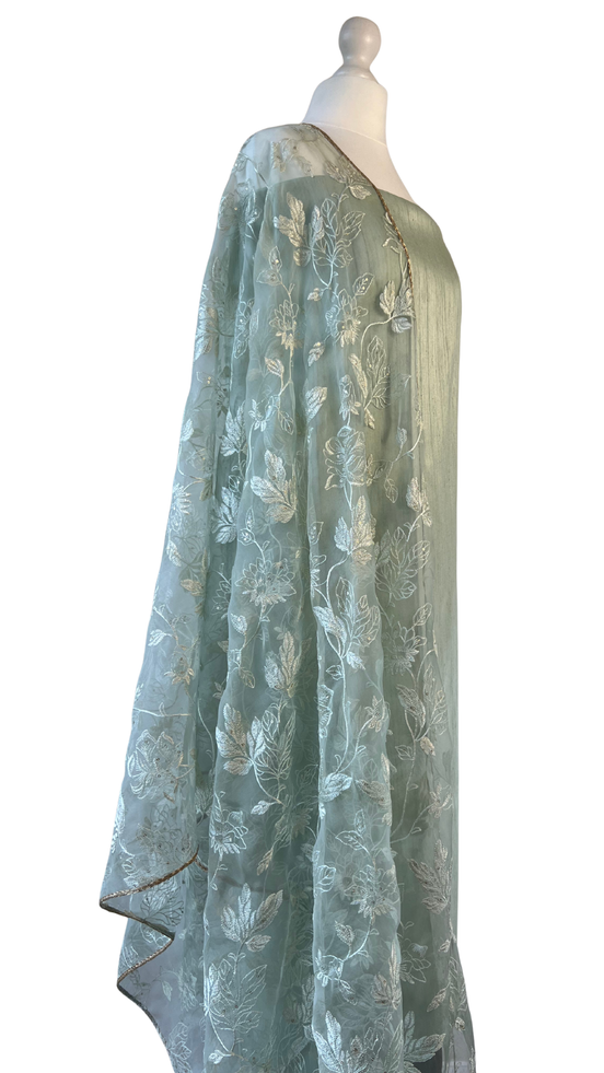 Unstitched fabric for kameez set. Loose semi raw silk kameez fabric, loose lycra pajami and readymade thread on organza dupatta. Keep unstitched or made-to-measure by Shenena Sethi 