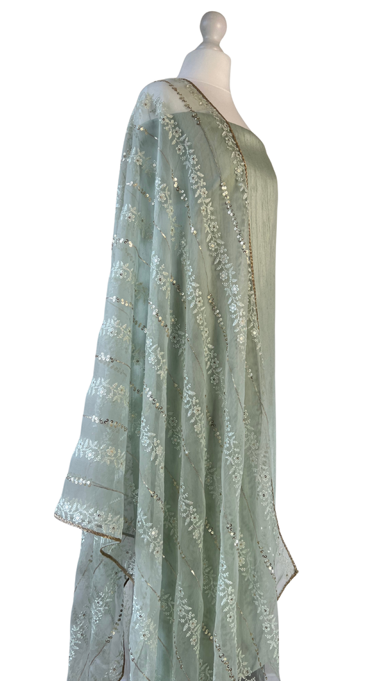 Unstitched fabric for kameez set. Loose semi raw silk kameez fabric, loose lycra pajami and readymade thread and organza dupatta. Keep unstitched or made-to-measure by Shenena Sethi 