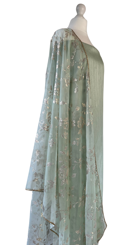 Unstitched fabric for kameez set. Loose silk kameez fabric, loose lycra pajami and readymade organza dupatta. Keep unstitched or made-to-measure by Shenena Sethi 