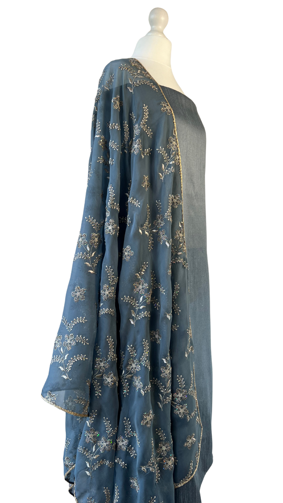 Unstitched fabric for kameez set. Loose silk kameez fabric, loose lycra pajami and readymade embroidered dupatta. Keep unstitched or made-to-measure by Shenena Sethi 