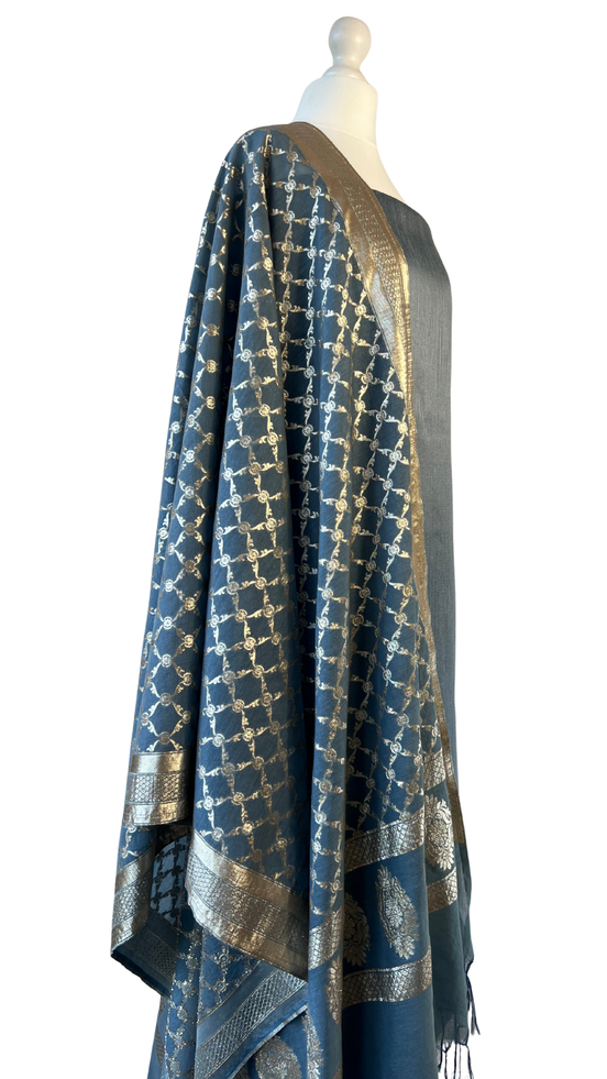 Unstitched fabric for kameez set. Loose silk kameez fabric, loose lycra pajami and readymade brocade dupatta. Keep unstitched or made-to-measure by Shenena Sethi 
