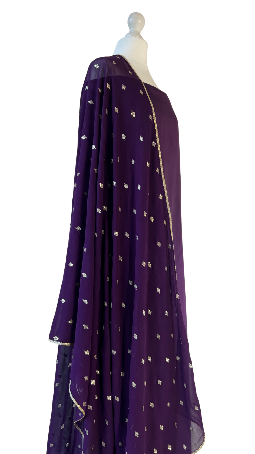 Unstitched fabric for kameez set. Loose silk kameez fabric, loose lycra pajami and readymade sequin dupatta. Keep unstitched or made-to-measure by Shenena Sethi 