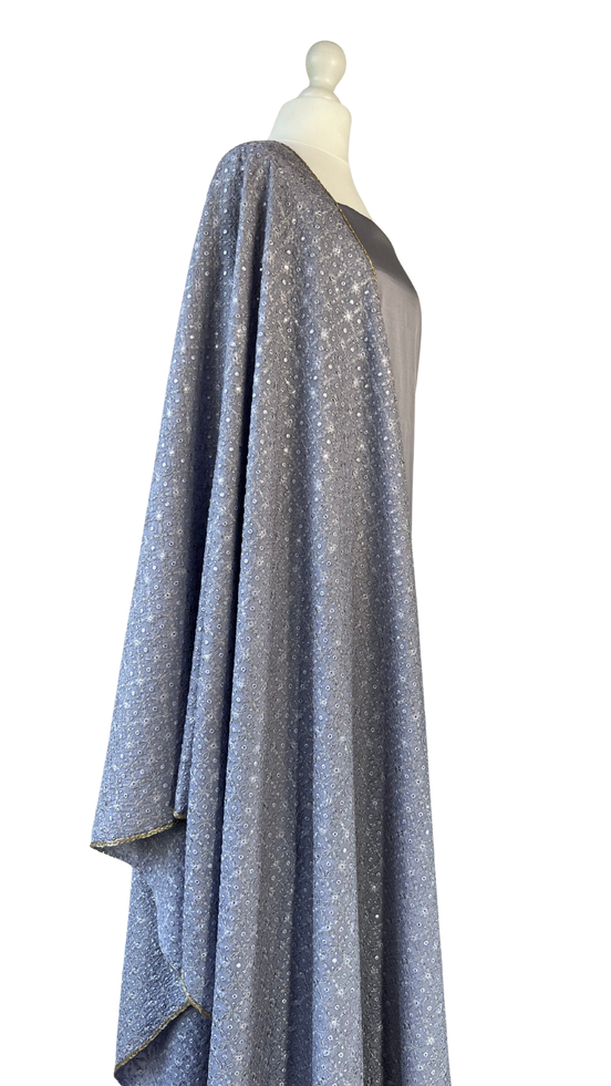 Unstitched fabric for kameez set. Loose silk kameez fabric, loose lycra pajami and readymade georgette thread and mirror dupatta. Keep unstitched or made-to-measure by Shenena Sethi 