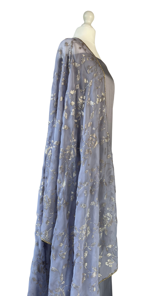 Unstitched fabric for kameez set. Loose silk kameez fabric, loose lycra pajami and readymade organza with sequin dupatta. Keep unstitched or made-to-measure by Shenena Sethi 
