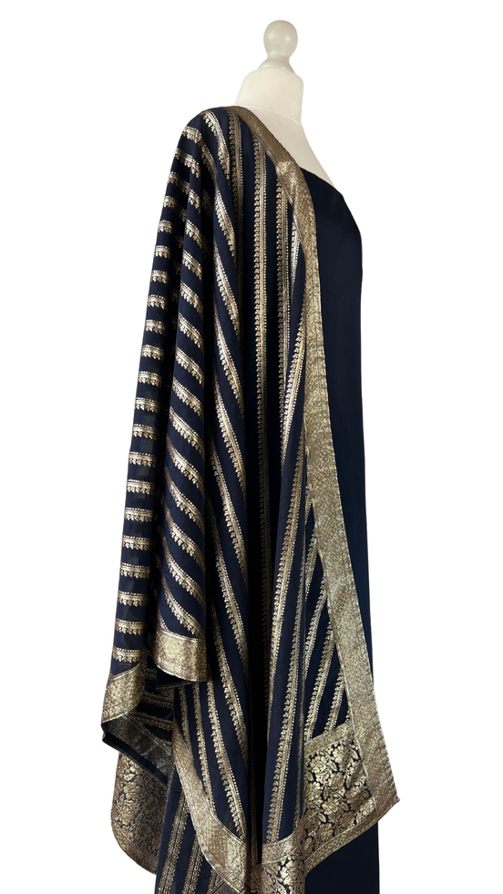 Unstitched fabric for kameez set. Loose kameez fabric, loose lycra pajami and readymade brocade dupatta. Keep unstitched or made-to-measure by Shenena Sethi 