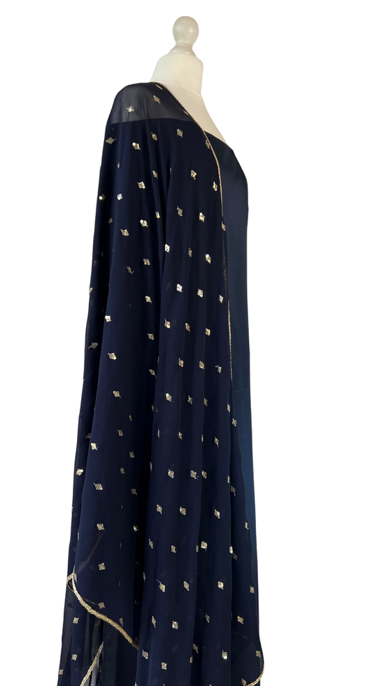 Unstitched fabric for kameez set. Loose silk kameez fabric, loose lycra pajami and readymade georgette dupatta. Keep unstitched or made-to-measure by Shenena Sethi