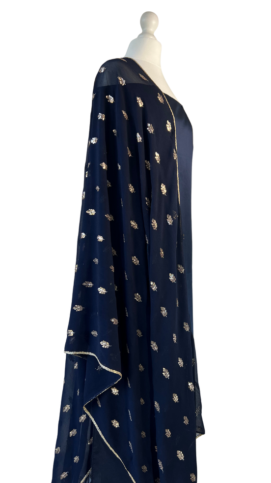 Unstitched fabric for kameez set. Loose silk kameez fabric, loose lycra pajami and readymade georgette dupatta. Keep unstitched or made-to-measure by Shenena Sethi 