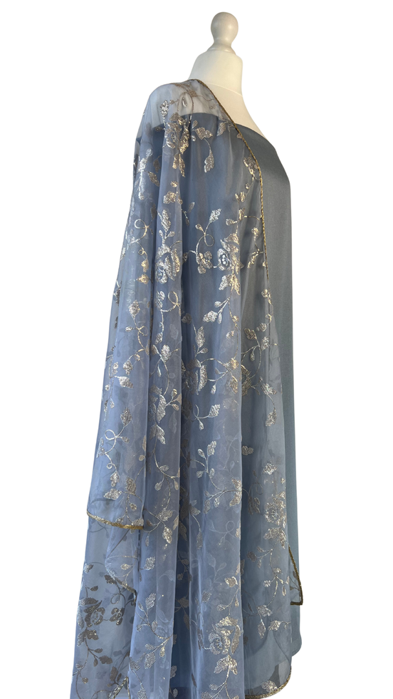 Unstitched fabric for kameez set. Loose silk kameez fabric, loose lycra pajami and readymade oragnza witth sequins dupatta. Keep unstitched or made-to-measure by Shenena Sethi 