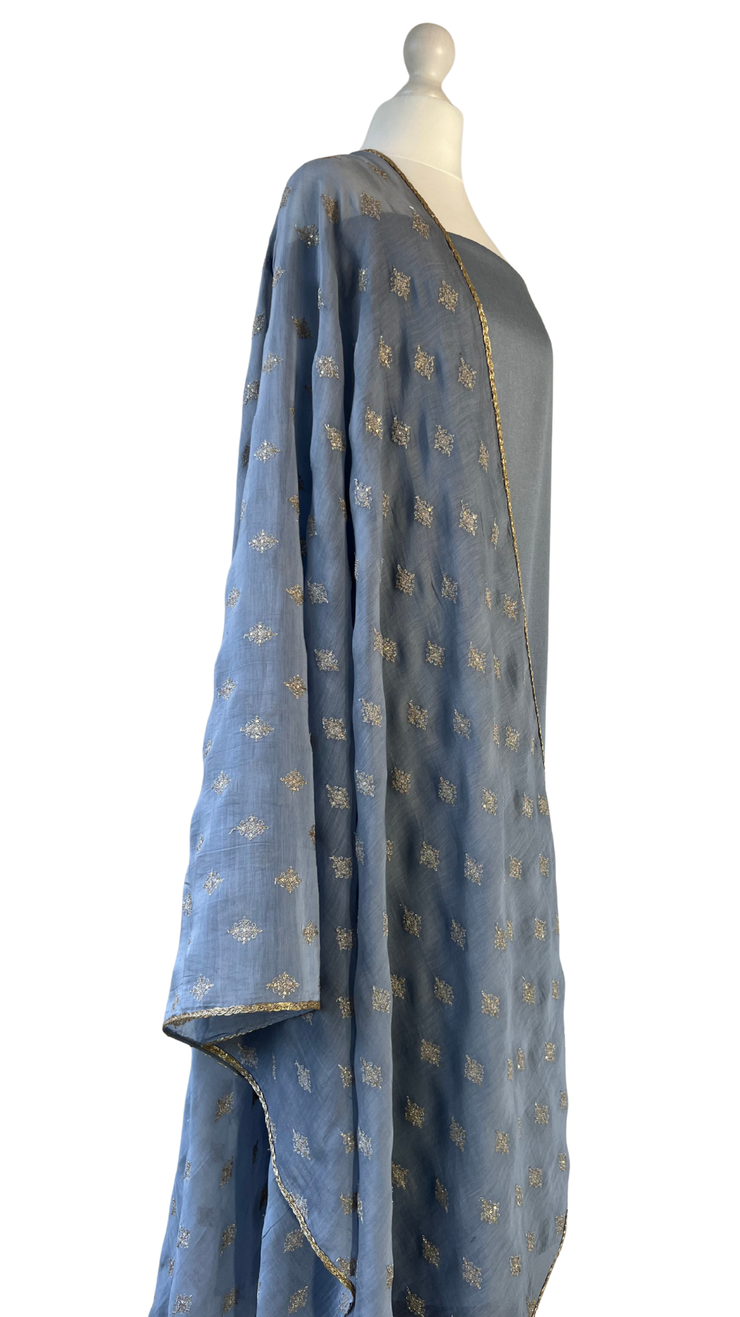 Unstitched fabric for kameez set. Loose silk kameez fabric, loose lycra pajami and readymade sequin and zari dupatta. Keep unstitched or made-to-measure by Shenena Sethi 