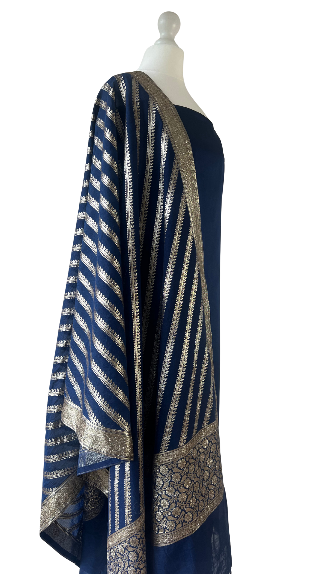 Unstitched fabric for kameez set. Loose silk kameez fabric, loose lycra pajami and readymade brocade dupatta. Keep unstitched or made-to-measure by Shenena Sethi 