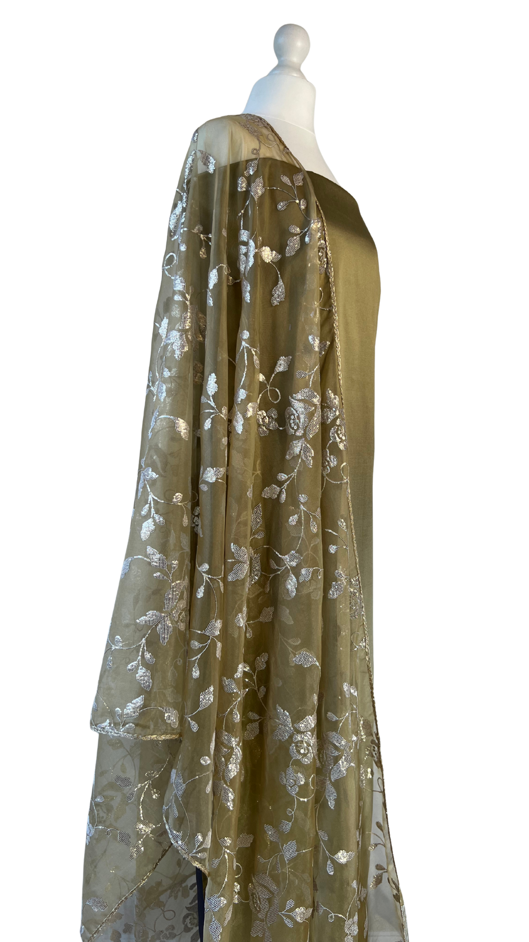 Unstitched fabric for kameez set. Loose silk kameez fabric, loose lycra pajami and readymade sequin on organza dupatta. Keep unstitched or made-to-measure by Shenena Sethi 
