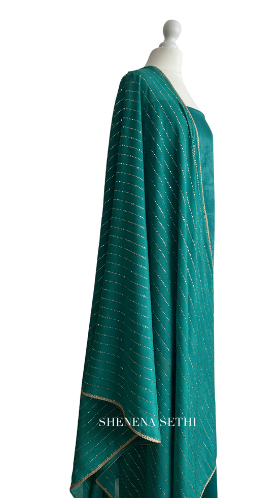 Unstitched fabric for kameez set. Loose kameez fabric, loose lycra pajami and readymade mukaish on georgette dupatta. Keep unstitched or made-to-measure by Shenena Sethi 