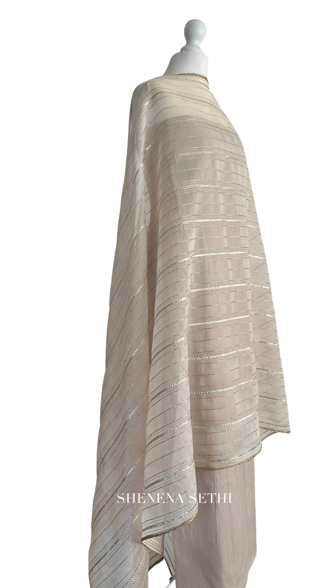 Unstitched fabric for kameez set. Loose semi raw silk kameez fabric, loose lycra pajami and readymade mukaish dupatta. Keep unstitched or made-to-measure by Shenena Sethi 