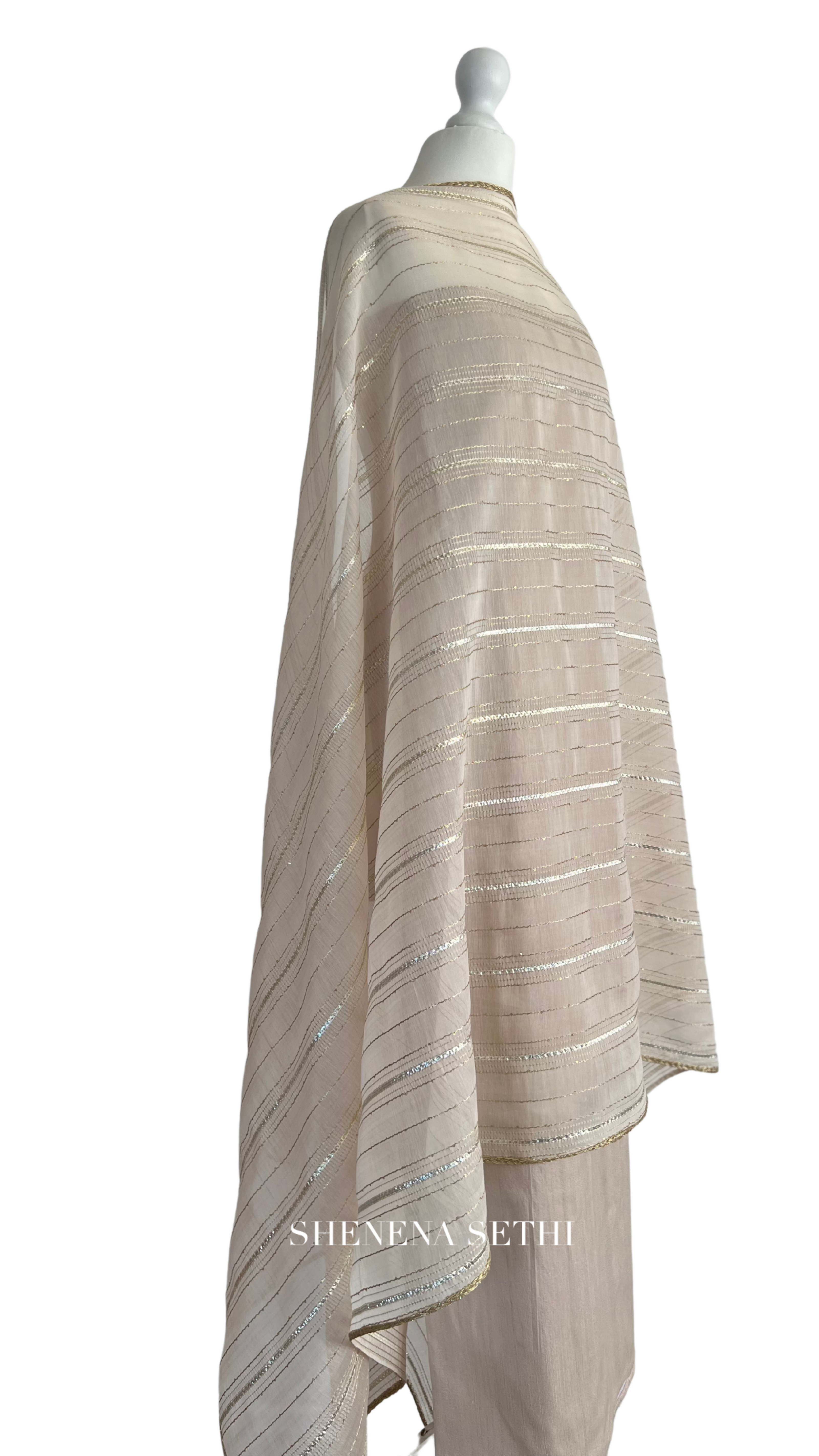 Unstitched fabric for kameez set. Loose semi raw silk kameez fabric, loose lycra pajami and readymade mukaish dupatta. Keep unstitched or made-to-measure by Shenena Sethi 