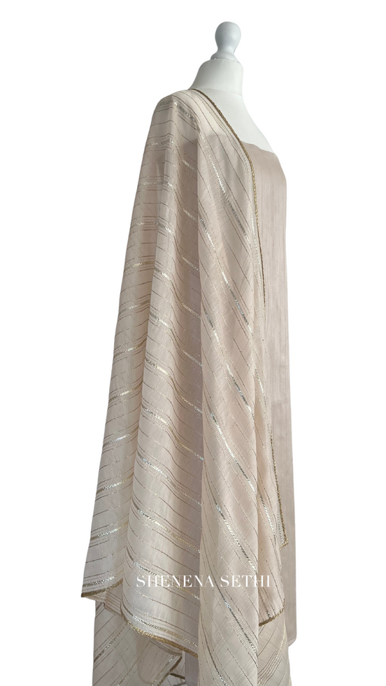 Unstitched fabric for kameez set. Loose kameez fabric, loose lycra pajami and readymade mukaish dupatta. Keep unstitched or made-to-measure by Shenena Sethi 