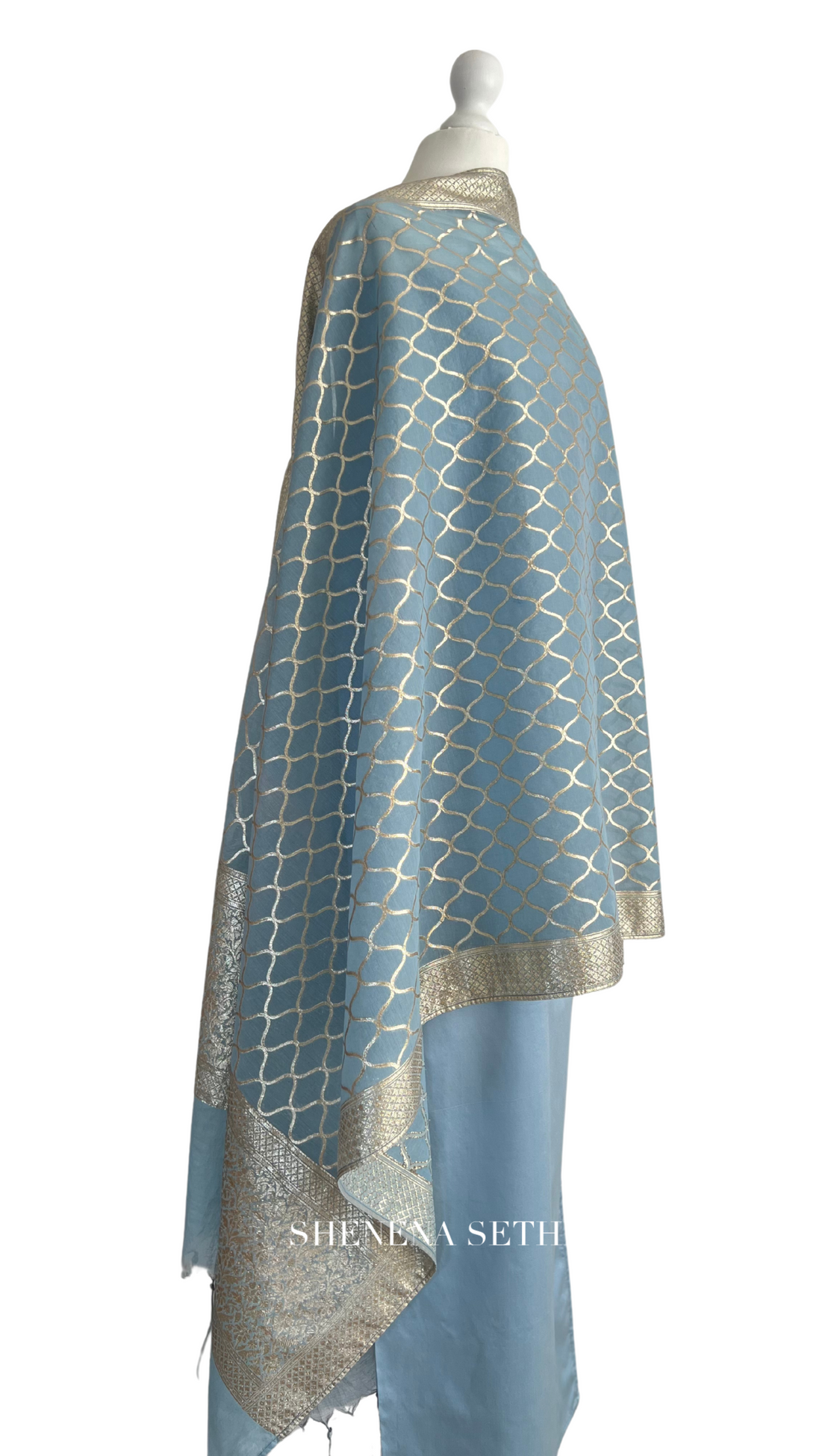 Unstitched fabric for kameez set. Loose silk kameez fabric, loose lycra pajami and readymade brocade dupatta. Keep unstitched or made-to-measure by Shenena Sethi 