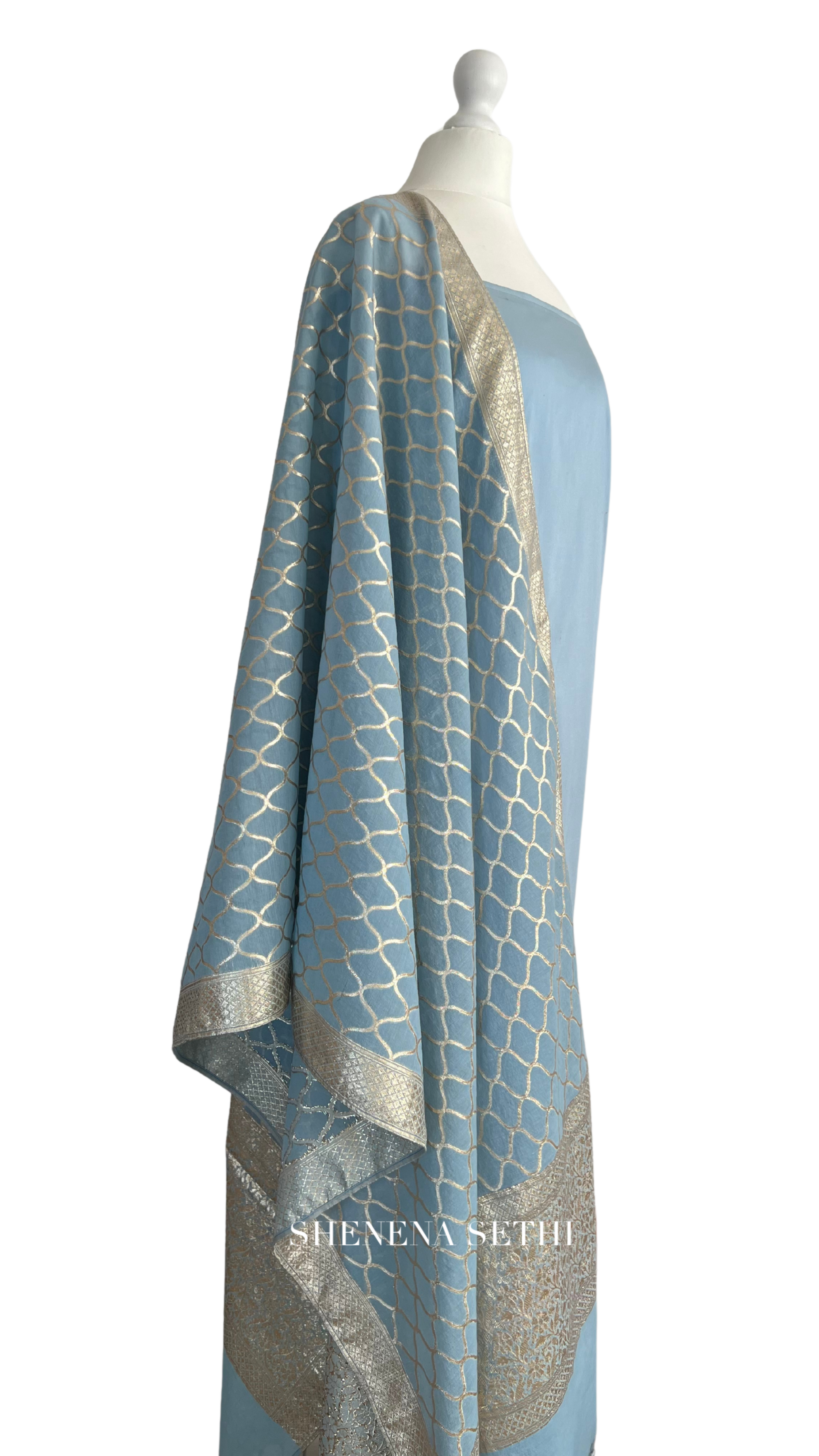 Unstitched fabric for kameez set. Loose silk kameez fabric, loose lycra pajami and readymade brocade dupatta. Keep unstitched or made-to-measure by Shenena Sethi