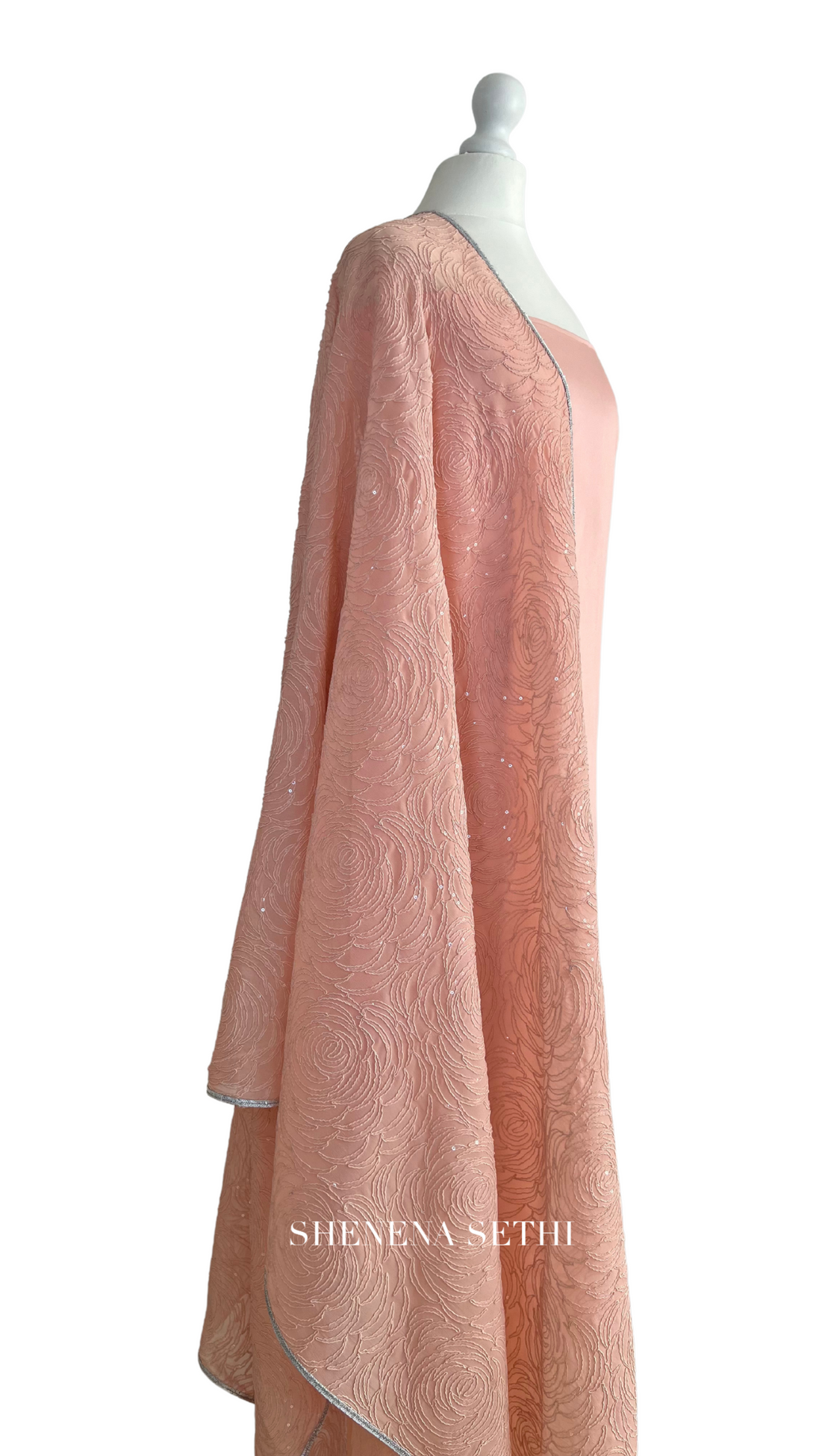 Unstitched fabric for kameez set. Loose kameez fabric, loose lycra pajami and readymade thread and sequin georgette dupatta. Keep unstitched or made-to-measure by Shenena Sethi