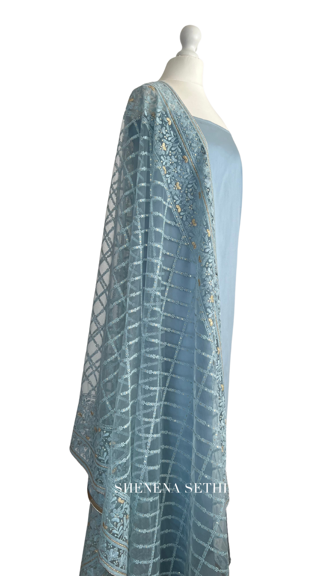 Unstitched fabric for kameez set. Loose kameez fabric, loose lycra pajami and readymade thread, sdequin on net dupatta. Keep unstitched or made-to-measure by Shenena Sethi 