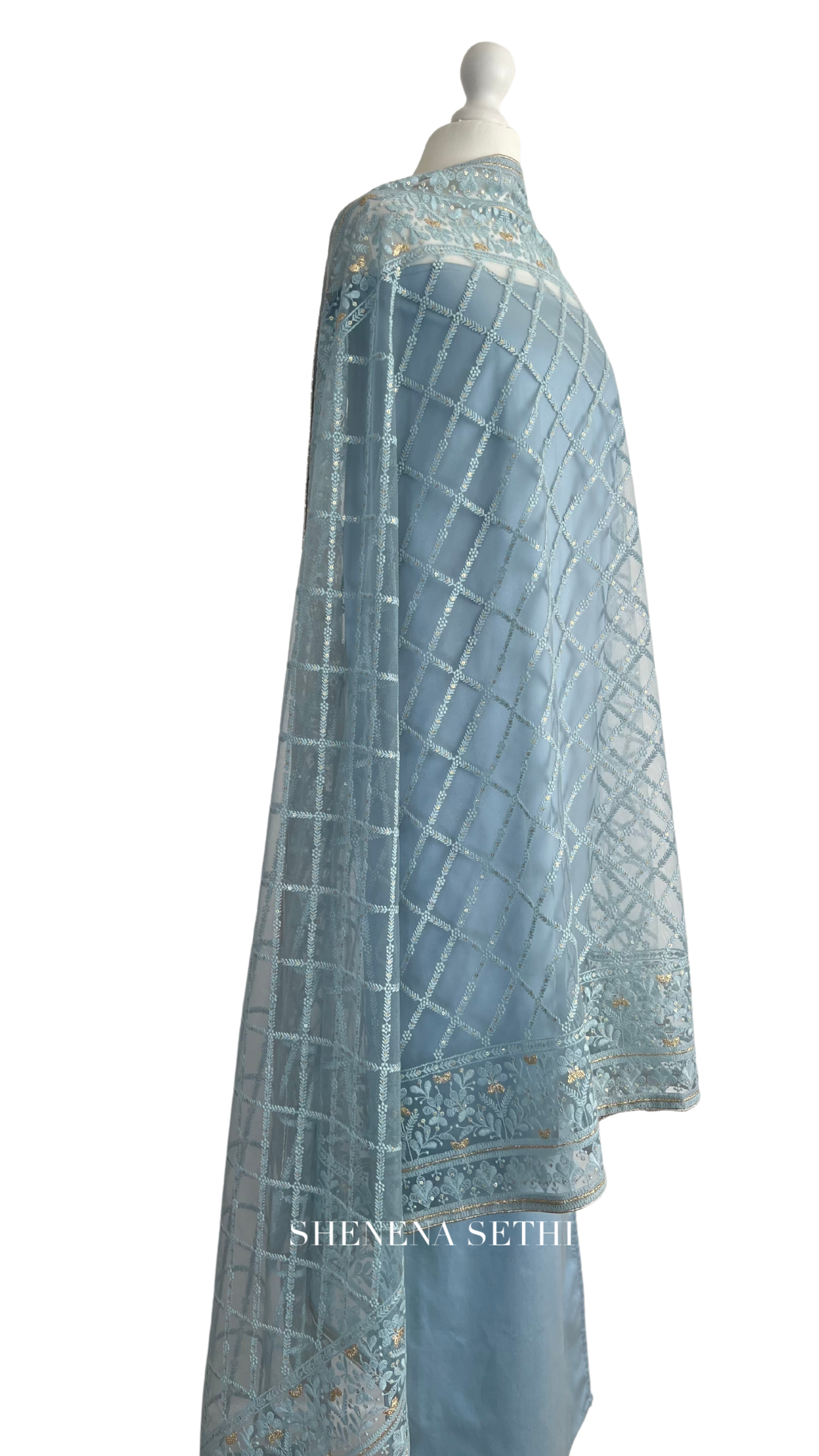 Unstitched fabric for kameez set. Loose kameez fabric, loose lycra pajami and readymade thread, sdequin on net dupatta. Keep unstitched or made-to-measure by Shenena Sethi 