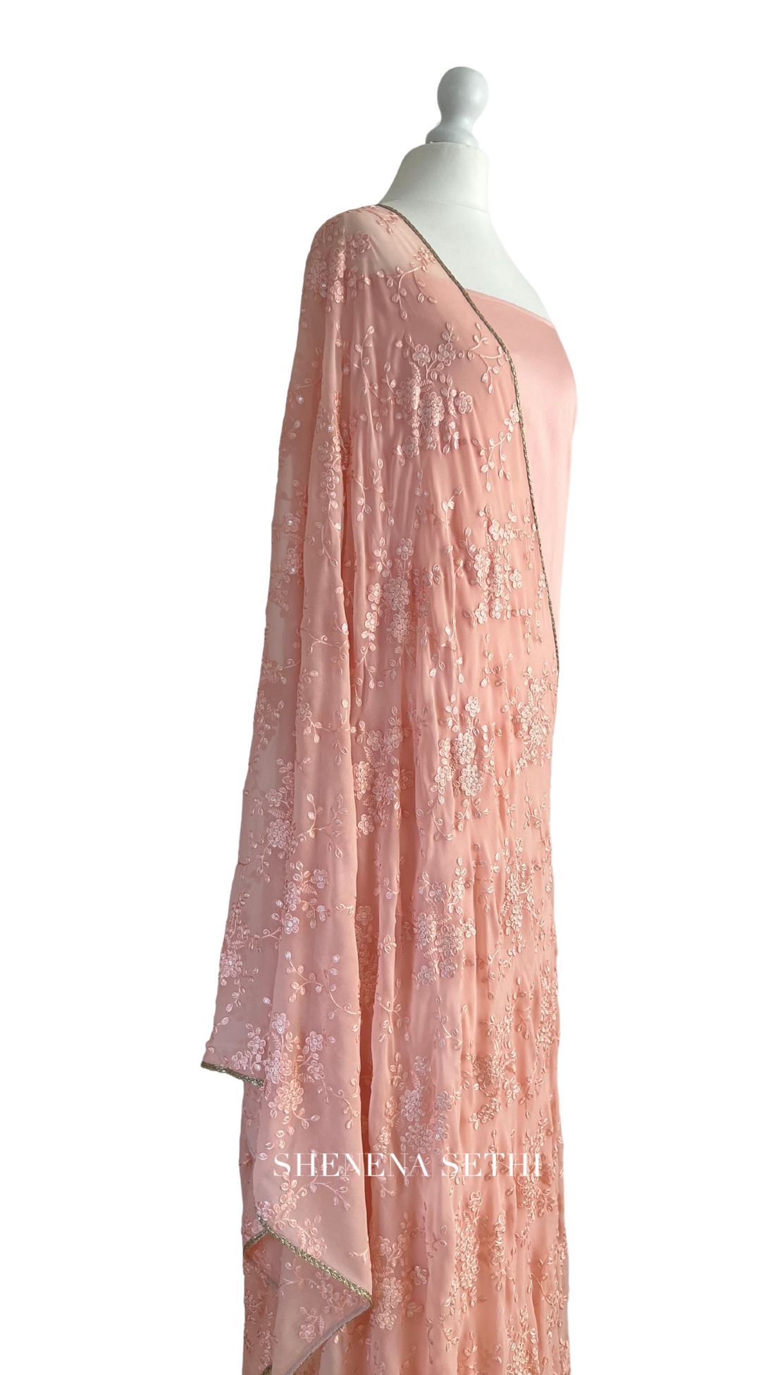 Unstitched fabric for kameez set. Loose kameez fabric, loose lycra pajami and readymade thread and sequin on georgette dupatta. Keep unstitched or made-to-measure by Shenena Sethi 