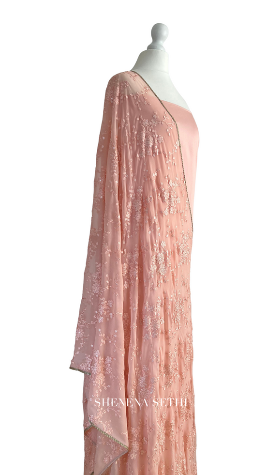 Unstitched fabric for kameez set. Loose kameez fabric, loose lycra pajami and readymade thread and sequin on georgette dupatta. Keep unstitched or made-to-measure by Shenena Sethi 