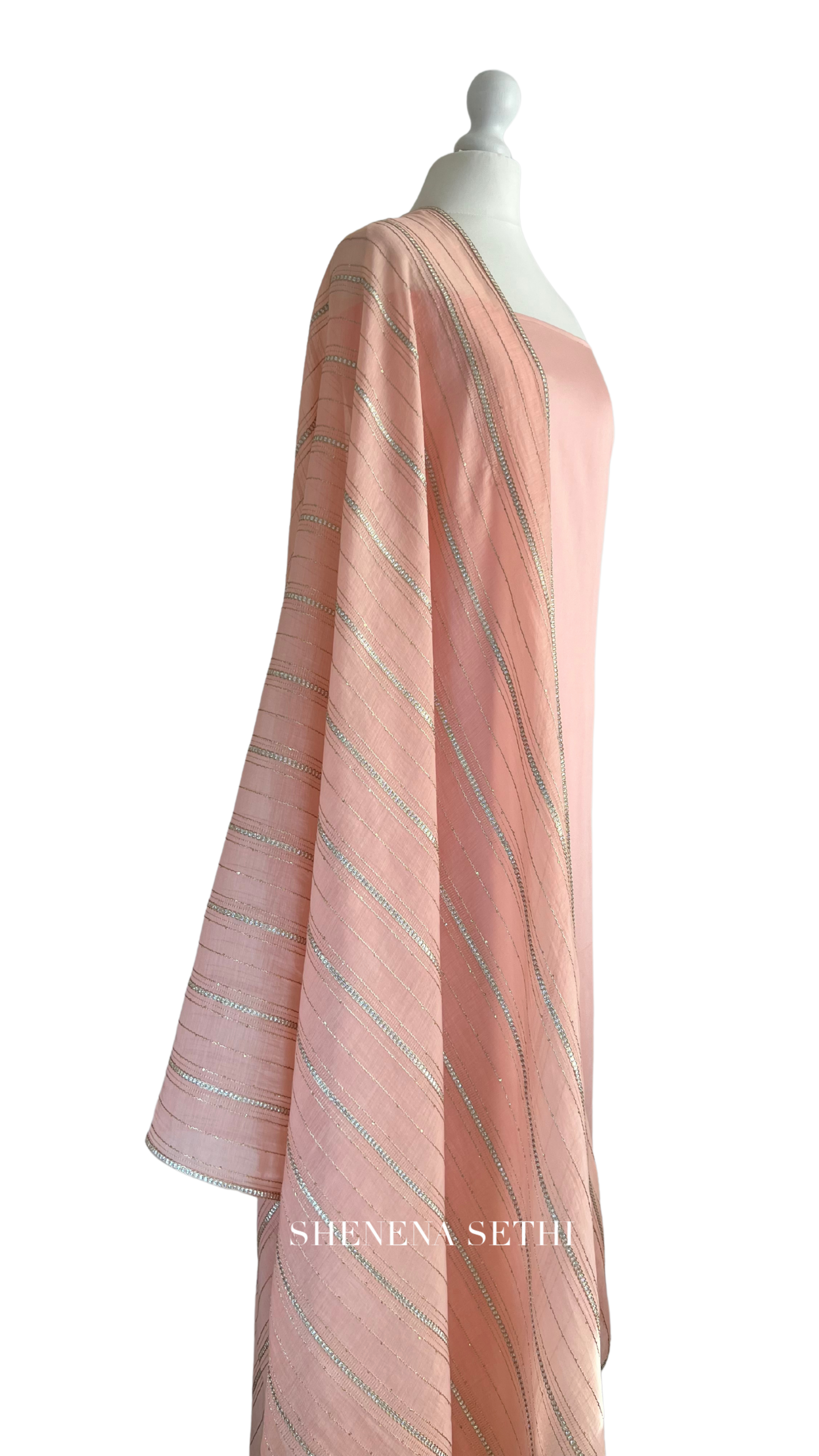 Unstitched fabric for kameez set. Loose kameez fabric, loose lycra pajami and readymade mukaish dupatta. Keep unstitched or made-to-measure by Shenena Sethi 