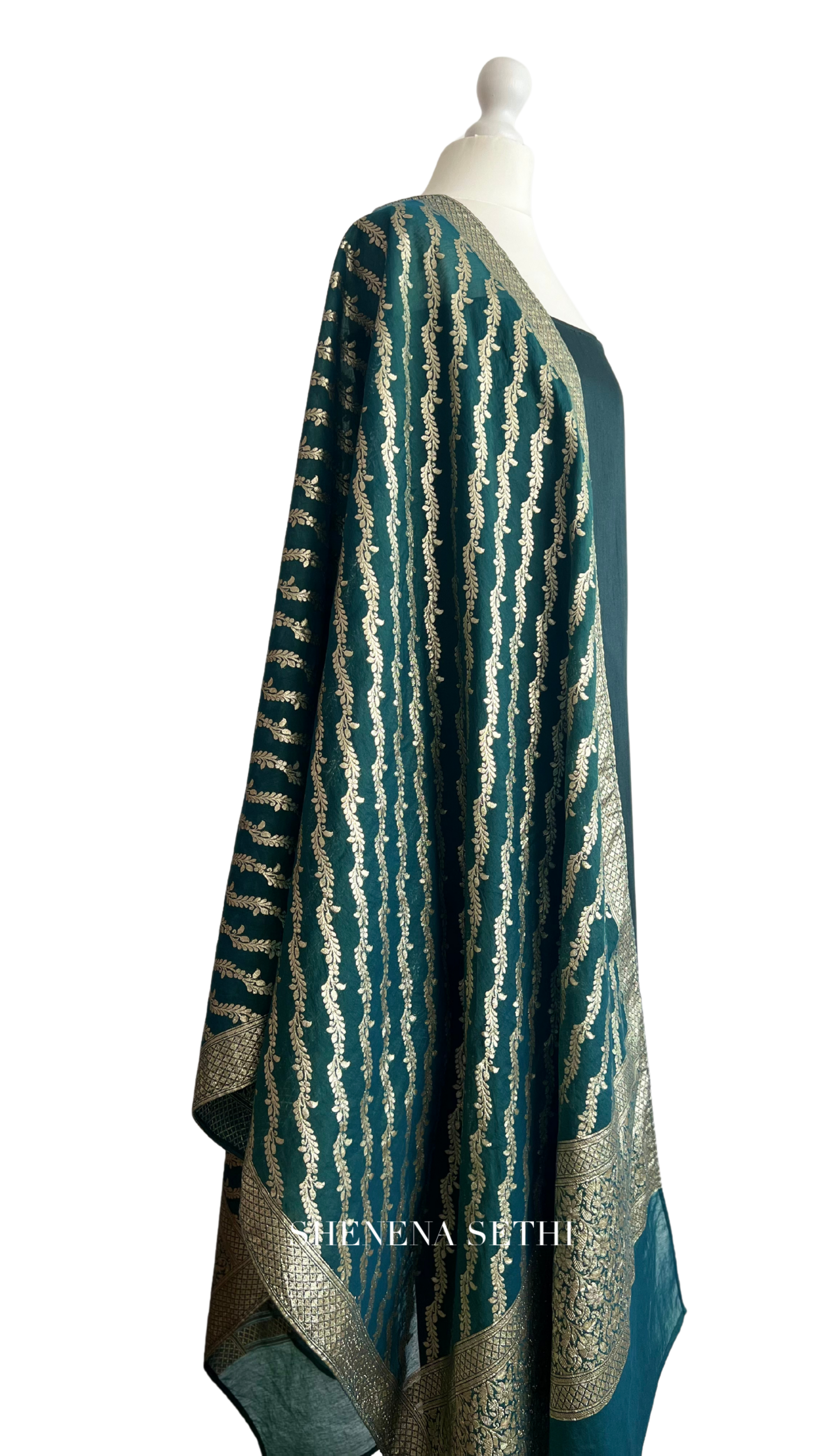 Unstitched fabric for kameez set. Loose semi raw silk kameez fabric, loose lycra pajami and readymade brocade dupatta. Keep unstitched or made-to-measure by Shenena Sethi 