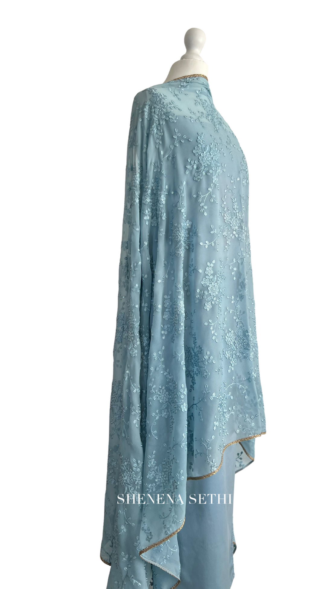 Unstitched fabric for kameez set. Loose silk kameez fabric, loose lycra pajami and thread and sequin on georgette readymade dupatta. Keep unstitched or made-to-measure by Shenena Sethi 