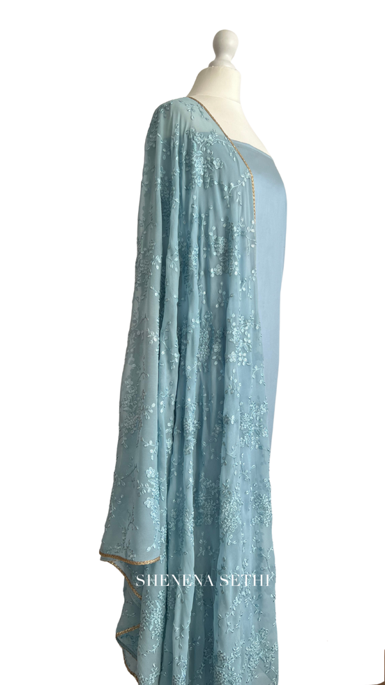 Unstitched fabric for kameez set. Loose silk kameez fabric, loose lycra pajami and thread and sequin on georgette readymade dupatta. Keep unstitched or made-to-measure by Shenena Sethi 
