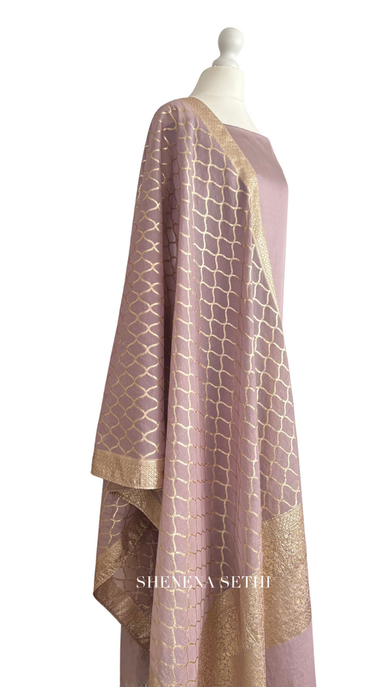 Unstitched fabric for kameez set. Loose silk kameez fabric, loose lycra pajami and readymade brocade dupatta. Keep unstitched or made-to-measure by Shenena Sethi 
